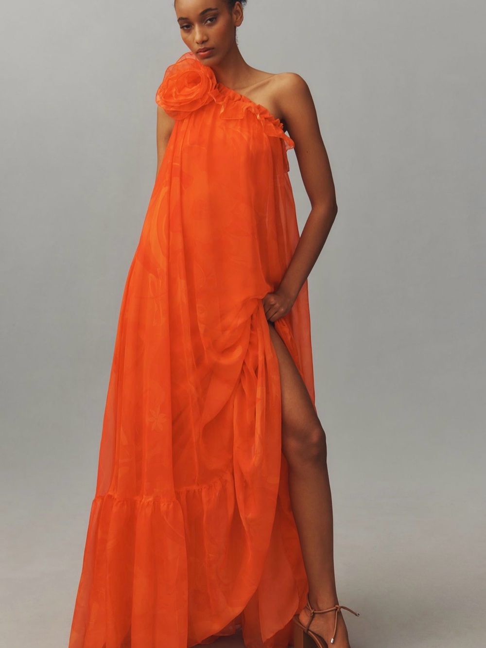 Mac Duggal Vibrant Orange One-Shoulder Maxi Dress with Rosette